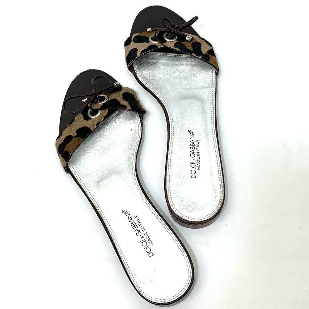 Dolce & Gabbana Leopard Print Calf Hair One Strap Slide Sandals With Tie size 10